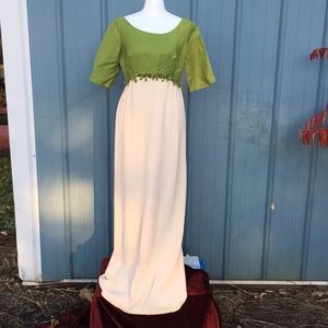 Vintage 60s Moss Green and Cream Handmade Hippie Maxi Prom Dress